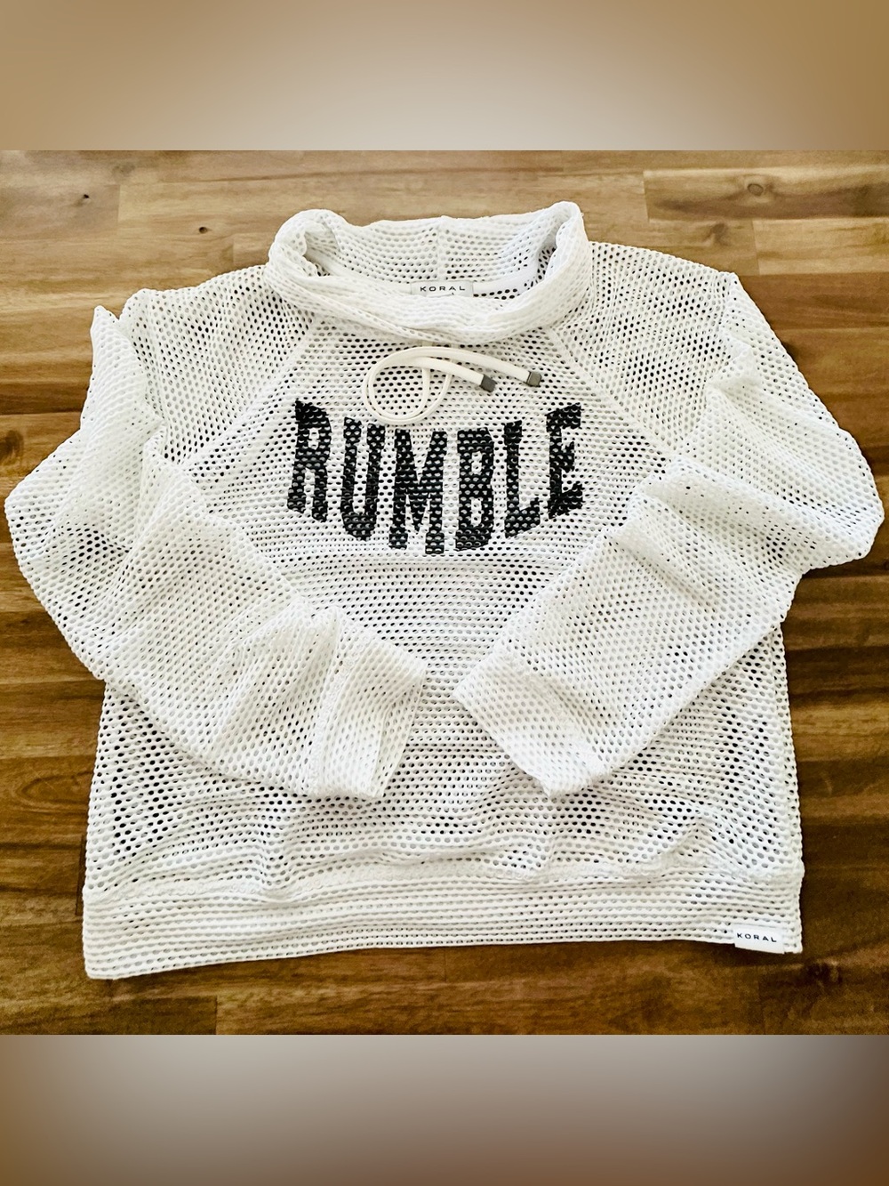 Koral “Rumble” Mesh Cropped Pullover Top White Mock Neck Drawstring Size Small